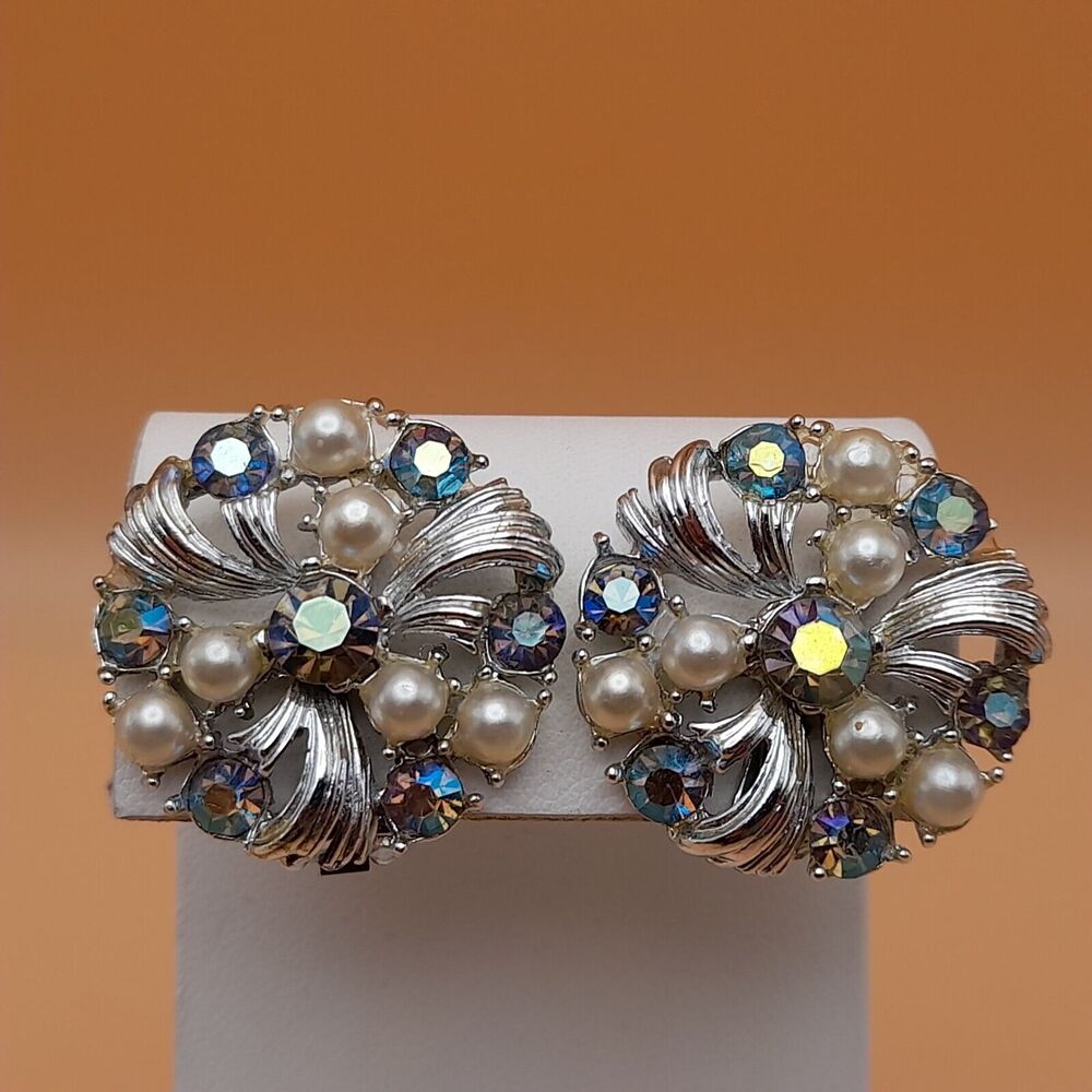 Vintage AB Blue Rhinestone Faux Pearl Clip Earrings 1960s